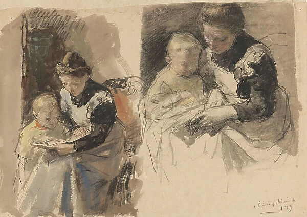 Two studies of a maid teaching a boy to read on her lap, 1874-1927. Creator: Johan Antonie de Jonge