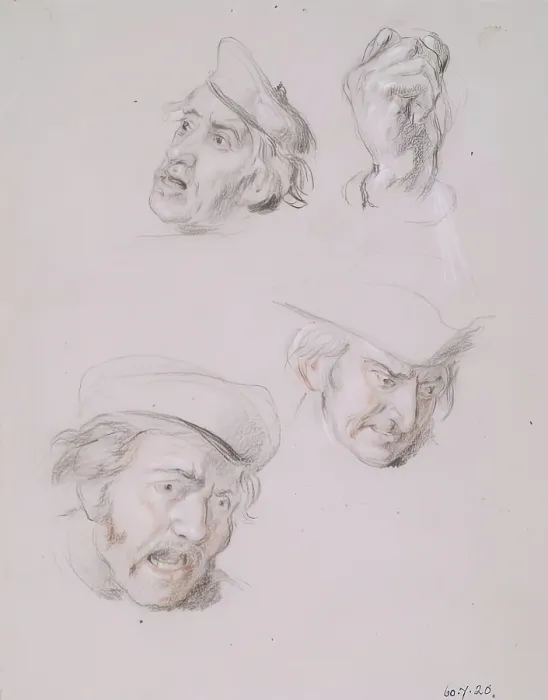 Framed Print : Studies of Three Male Heads and One Hand, 1825-1849. Creator: William Allan