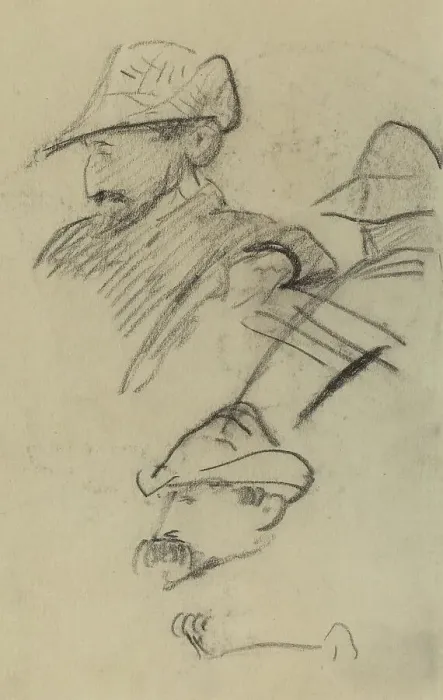 Framed Print : Three Studies of a Man Wearing a Hat [recto], 1884-1888. Creator: Paul Gauguin