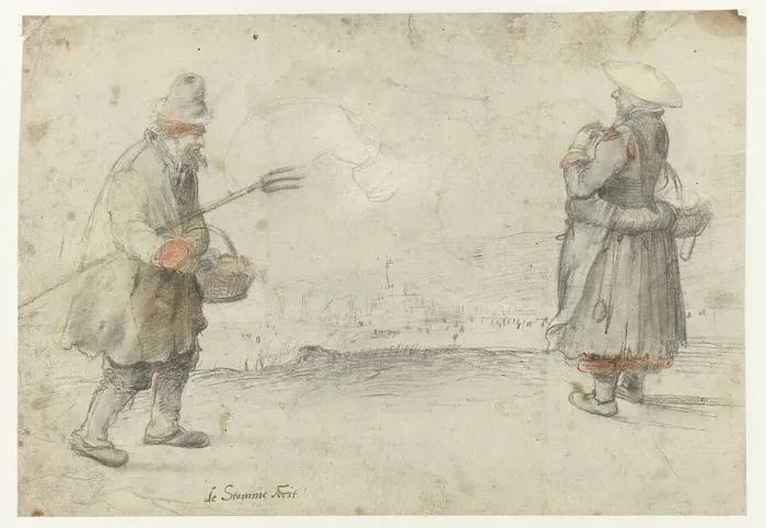 Framed Print : Studies of a Man and a Woman Standing on the Bank of a Frozen River, with a Town... c.1610-c.1615. Creator: Hendrick Avercamp Framed Print : Studies of a Man and a Woman Standing on the Bank of a Frozen River, with a Town... c.1610-c.1615. Creator: Hendrick Avercamp