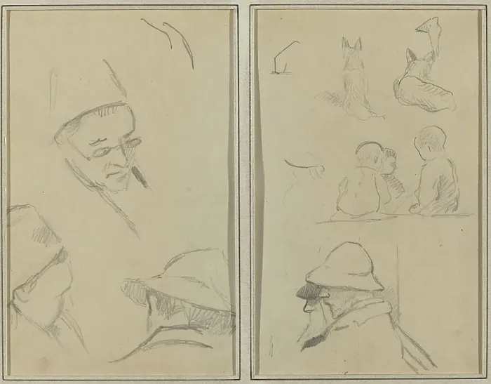 Framed Print : Three Studies of Men's Heads, One with Spectacles; Dogs, Children, and Two...[verso], 1884-1888. Creator: Paul Gauguin