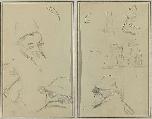 Three Studies of Men's Heads, One with Spectacles; Dogs, Children, and Two...[verso], 1884-1888. Creator: Paul Gauguin