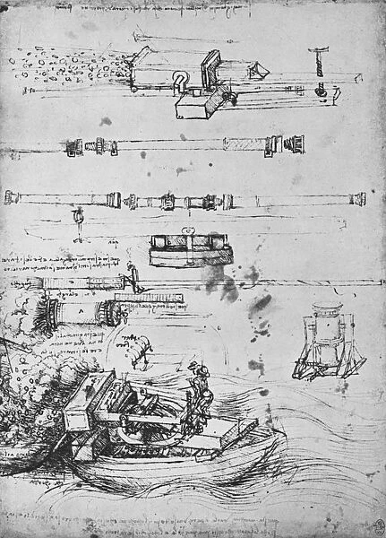 Studies of Mortars, One Firing from a Boat, and of Canon, c1480 (1945). Artist: Leonardo da Vinci