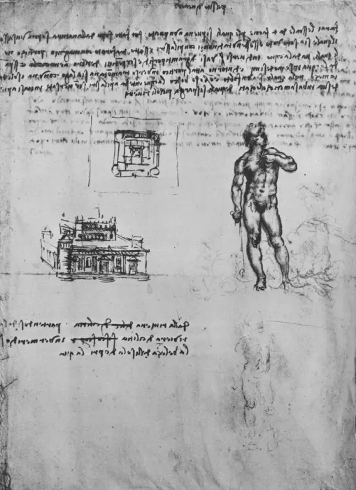 Framed Print : Two Studies of a Nude Figure and the View and Plan of a Building, c1480 (1945). Artist: Leonardo da Vinci Framed Print : Two Studies of a Nude Figure and the View and Plan of a Building, c1480 (1945). Artist: Leonardo da Vinci