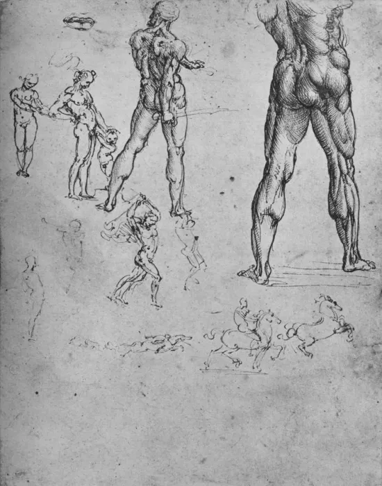 Framed Print : Studies of Nude Soldier with Sword and Smaller Sketches, c1480 (1945). Artist: Leonardo da Vinci Framed Print : Studies of Nude Soldier with Sword and Smaller Sketches, c1480 (1945). Artist: Leonardo da Vinci