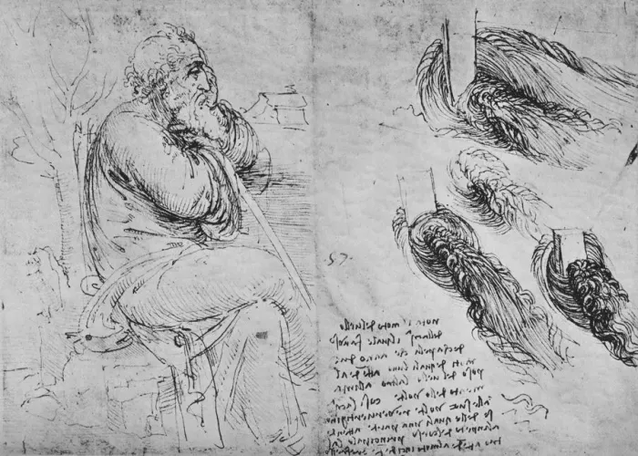 Framed Print : Studies of a Old Man Seated and of Swirling Water, c1480 (1945). Artist: Leonardo da Vinci Framed Print : Studies of a Old Man Seated and of Swirling Water, c1480 (1945). Artist: Leonardo da Vinci