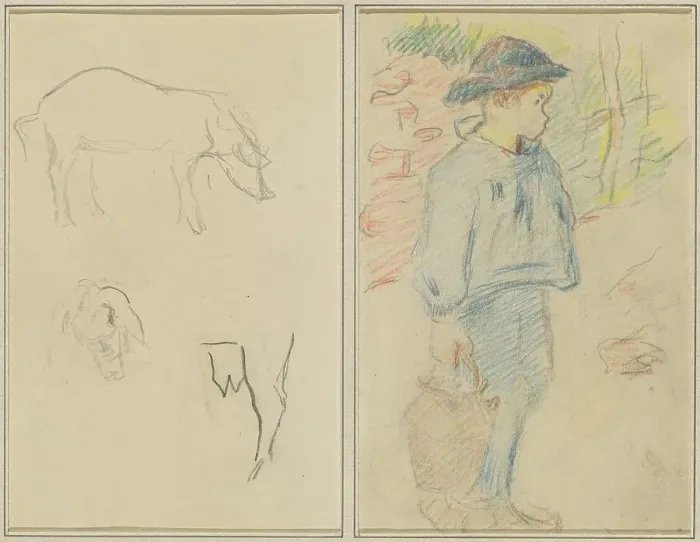 Framed Print : Three Studies of a Pig; Breton Boy Walking with a Jug [recto], 1884-1888. Creator: Paul Gauguin