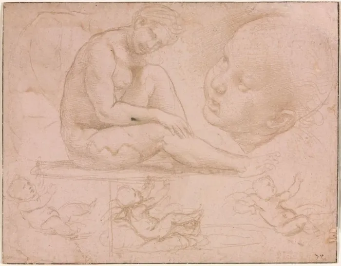 Framed Print : Studies of a Seated Female, Childs Head, and Three Studies of a Baby, c. 1507-8. Creator