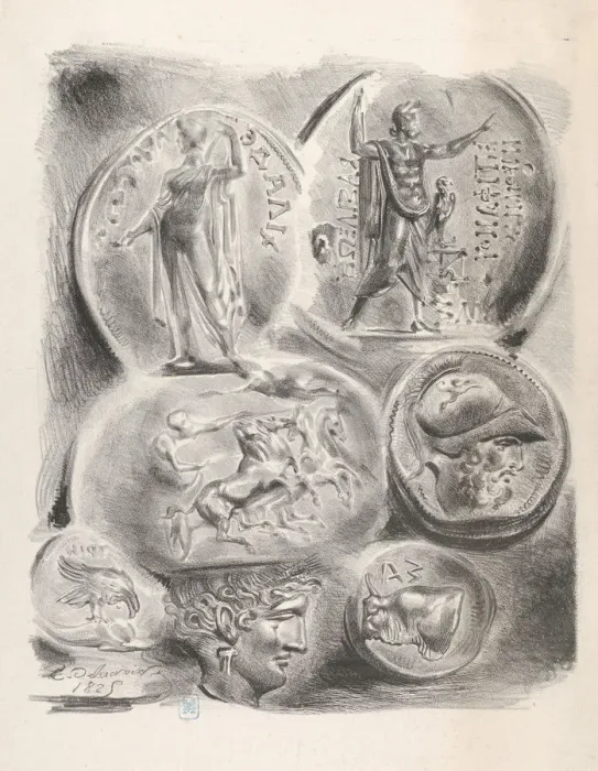 Framed Print : Studies of Seven Greek Coins, 1825. 1825. Creator: Eugene Delacroix Framed Print : Studies of Seven Greek Coins, 1825. 1825. Creator: Eugene Delacroix