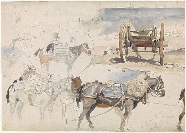 Studies of shell cart and horses on the beach, 1852. Creator: Willem Antonie van Deventer