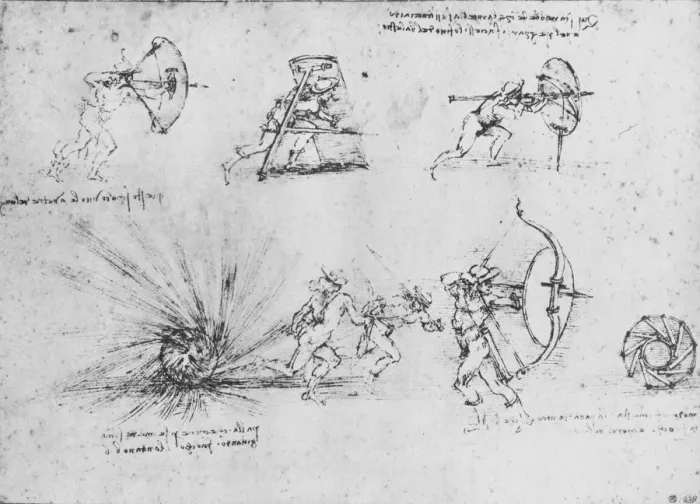 Framed Print : Studies of Shields for Protecting Foot Soldiers and of a Bomb exploding, c1480 (1945). Artist: Leonardo da Vinci Framed Print : Studies of Shields for Protecting Foot Soldiers and of a Bomb exploding, c1480 (1945). Artist: Leonardo da Vinci