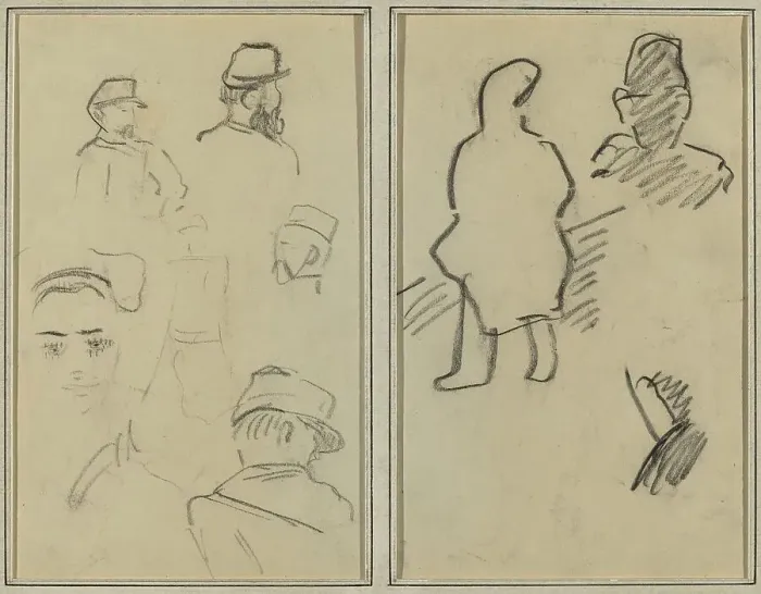 Framed Print : Five Studies of Soldiers and a Woman's Face; Two Figures [recto], 1884-1888. Creator: Paul Gauguin