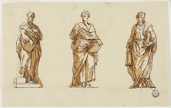 Three Studies for Statue of John Locke, c. 1754. Creators: John Michael Rysbrack, Sir James Thornhill
