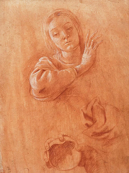 Studies of the Virgin, Drapery, and the Hand of Saint John the Baptist Holding a Shell, c1628. Creator: Tanzio da Varallo