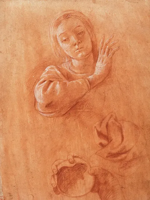 Framed Print : Studies of the Virgin, Drapery, and the Hand of Saint John the Baptist Holding a Shell, c1628. Creator: Tanzio da Varallo Framed Print : Studies of the Virgin, Drapery, and the Hand of Saint John the Baptist Holding a Shell, c1628. Creator: Tanzio da Varallo