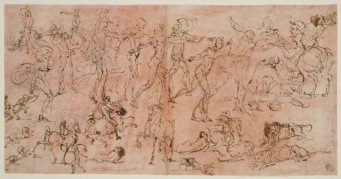 Framed Print : Studies of Warriors, Horsemen, and Lions (recto); Studies of Heads and Nude... 1528 / 33. Creator: Perino del Vaga Framed Print : Studies of Warriors, Horsemen, and Lions (recto); Studies of Heads and Nude... 1528 / 33. Creator: Perino del Vaga