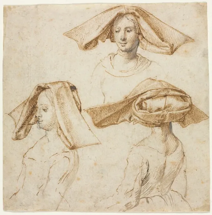 Framed Print : Three Studies of a Woman Wearing an Elaborate Headdress, c. 1500. Creator: Anonymous Framed Print : Three Studies of a Woman Wearing an Elaborate Headdress, c. 1500. Creator: Anonymous