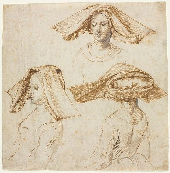 Three Studies of a Woman Wearing an Elaborate Headdress, c. 1500. Creator: Anonymous