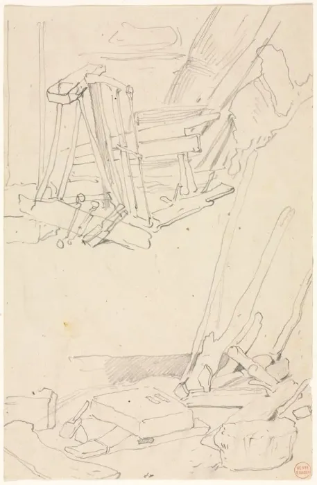 Framed Print : Studies of Wood and Farm Implements. Creator: Eugene Isabey (French, 1803-1886) Framed Print : Studies of Wood and Farm Implements. Creator: Eugene Isabey (French, 1803-1886)
