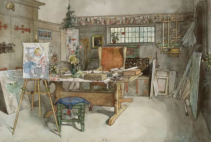 Framed Print : The Studio. From A Home (26 watercolours). Creator: Carl Larsson Framed Print : The Studio. From A Home (26 watercolours). Creator: Carl Larsson