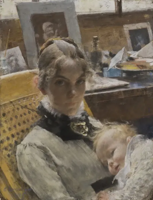 Framed Print : Studio Idyll. The Artists Wife and their Daughter, 1885 Framed Print : Studio Idyll. The Artists Wife and their Daughter, 1885