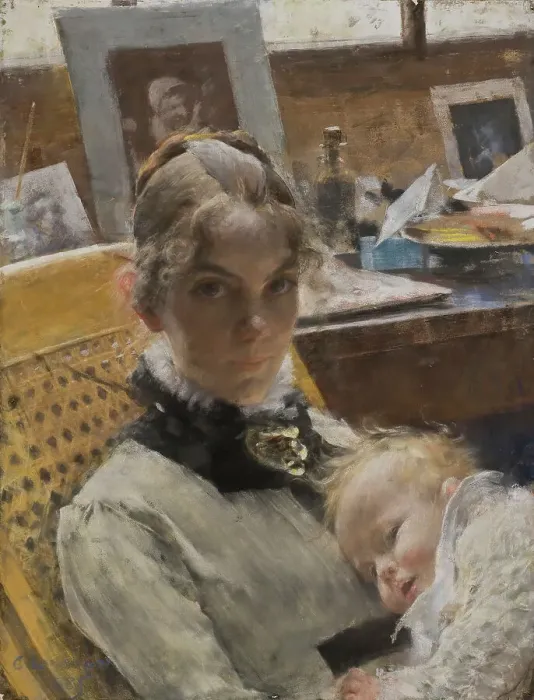Framed Print : A Studio Idyll. The Artist's Wife and their Daughter, 1885. Creator: Carl Larsson Framed Print : A Studio Idyll. The Artist's Wife and their Daughter, 1885. Creator: Carl Larsson