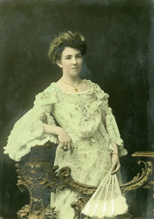 Framed Print : Studio portrait of a lady with fan, 1902. Creator: M Livesey Framed Print : Studio portrait of a lady with fan, 1902. Creator: M Livesey