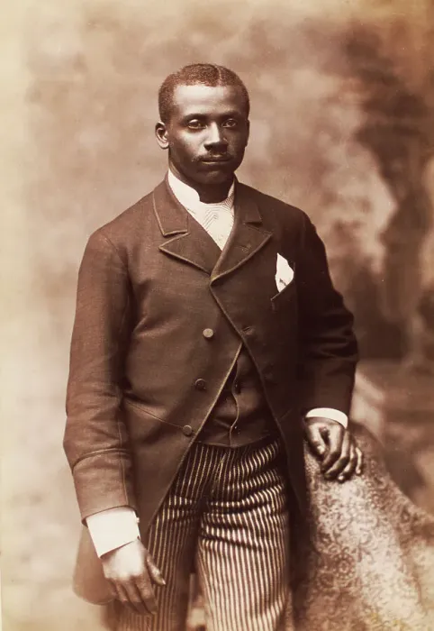 Framed Print : Studio portrait of a man dressed in jacket, vest, tie and striped pants, c1880-c1889. Creator: Alexander Hesler Framed Print : Studio portrait of a man dressed in jacket, vest, tie and striped pants, c1880-c1889. Creator: Alexander Hesler