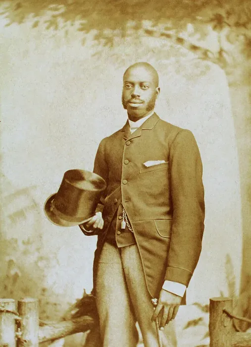 Framed Print : Studio portrait of man with top hat and cane, c1880-c1889. Creator: George E. Curtis Framed Print : Studio portrait of man with top hat and cane, c1880-c1889. Creator: George E. Curtis