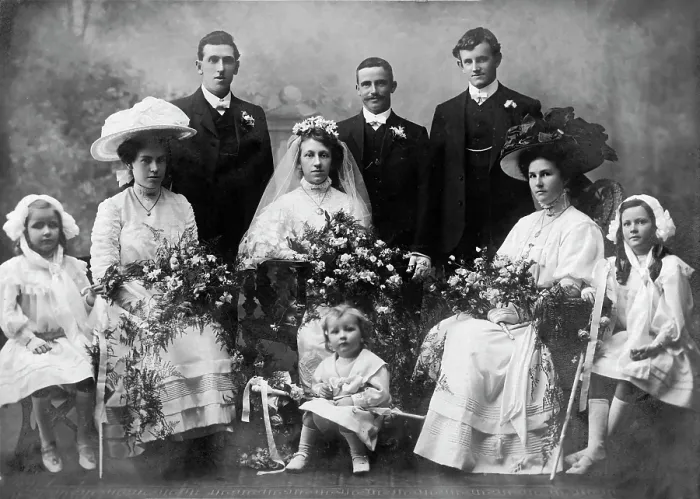 Framed Print : Studio portrait of a unknown wedding party, 1921. Creator: Unknown Framed Print : Studio portrait of a unknown wedding party, 1921. Creator: Unknown