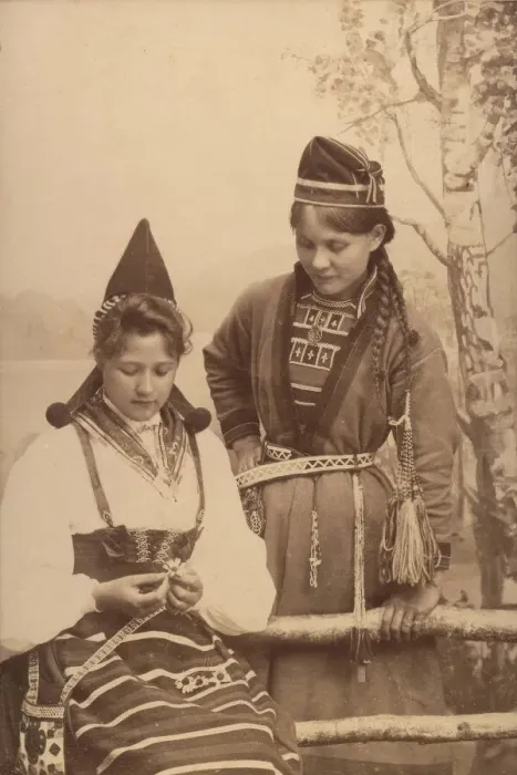 Framed Print : Studio portrait: two women in national costume, 1906. Creator: Helene Edlund Framed Print : Studio portrait: two women in national costume, 1906. Creator: Helene Edlund