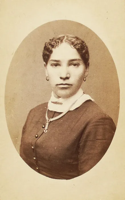 Framed Print : Studio portrait of young woman wearing chain necklace, c1880-c1889. Creator: Unknown Framed Print : Studio portrait of young woman wearing chain necklace, c1880-c1889. Creator: Unknown