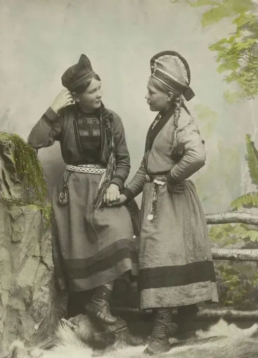 Framed Print : Studio portrait:Two young Sami women dressed in black, 1890-1899. Creator: Helene Edlund Framed Print : Studio portrait:Two young Sami women dressed in black, 1890-1899. Creator: Helene Edlund
