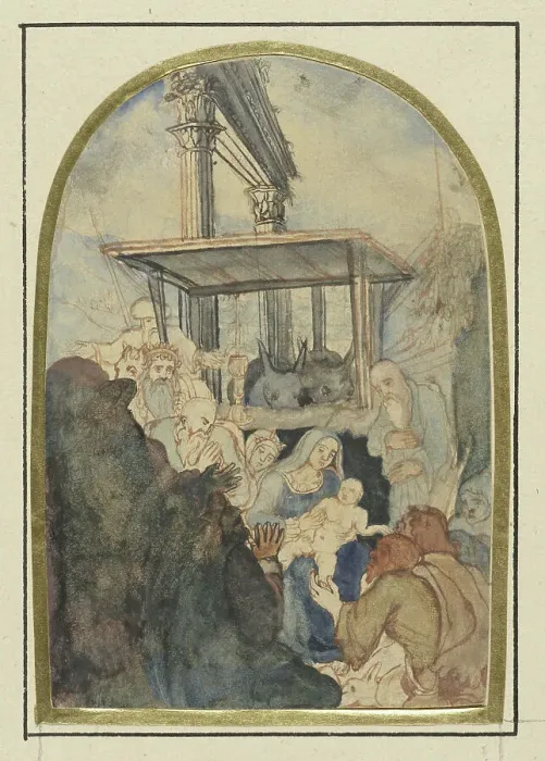 Framed Print : Study for an Adoration of the Magi, in the background a ruin with two Corinthian columns, 1832-1885. Creator: Rodolphe Bresdin Framed Print : Study for an Adoration of the Magi, in the background a ruin with two Corinthian columns, 1832-1885. Creator: Rodolphe Bresdin
