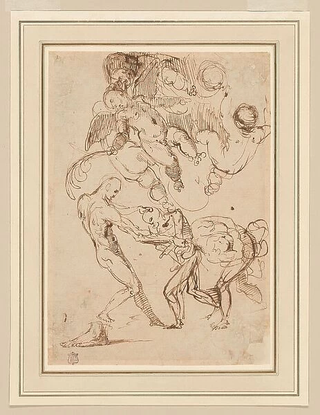 A Study of Bound Male Figures being Manhandled, and Various Putti, One Holding a Palm... n.d. Creator: Unknown