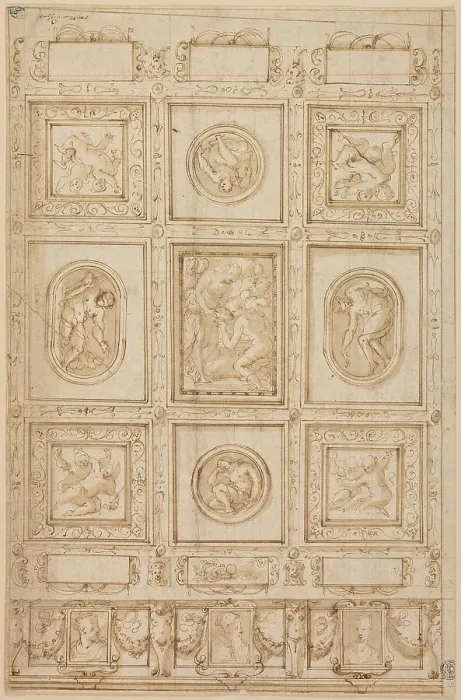 Framed Print : Study for a Ceiling Decoration, with Rebecca and Eliezer at the Well (recto); Study... 1569 / 73. Creator: Giorgio Vasari Framed Print : Study for a Ceiling Decoration, with Rebecca and Eliezer at the Well (recto); Study... 1569 / 73. Creator: Giorgio Vasari