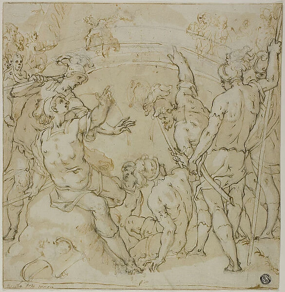 Study for the Duel between Heraclius and Khosrau (r); Sketches of Seated Figure (v), 1582. Creator: Niccolo Circignani