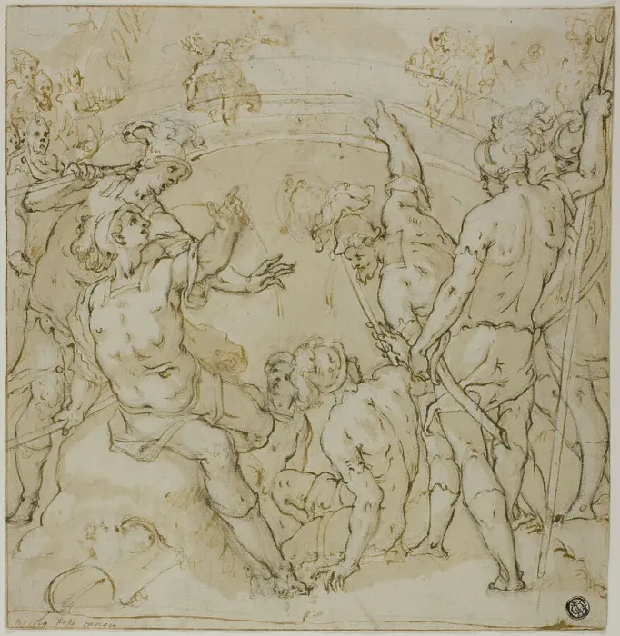 Framed Print : Study for the Duel between Heraclius and Khosrau (r); Sketches of Seated Figure (v), 1582. Creator: Niccolo Circignani Framed Print : Study for the Duel between Heraclius and Khosrau (r); Sketches of Seated Figure (v), 1582. Creator: Niccolo Circignani