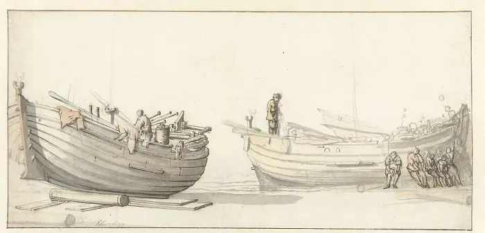 Framed Print : Study of two fishing boats with figures, 1652. Creator: Willem van de Velde the Younger Framed Print : Study of two fishing boats with figures, 1652. Creator: Willem van de Velde the Younger