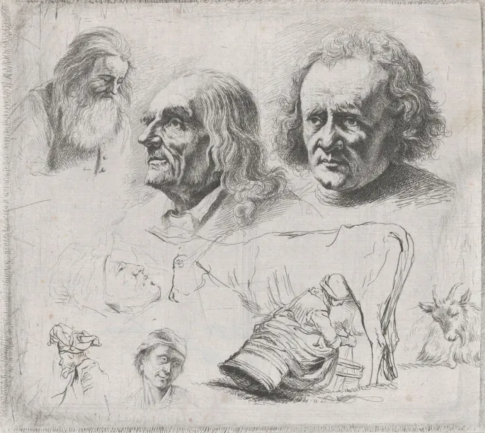 Framed Print : Study of Six Heads and a Milkmaid, 1816. Creator: Ignace Joseph de Claussin