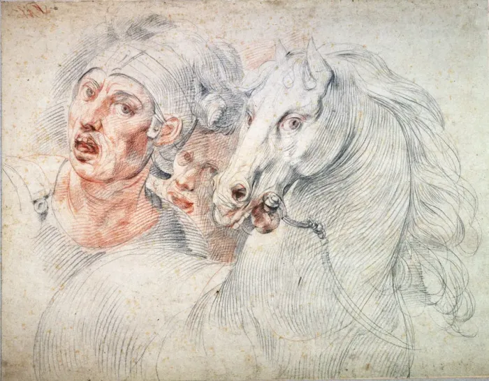 Framed Print : Study of a horse and two Soldiers, early 17th century. Artist: Giuseppe Cesari Framed Print : Study of a horse and two Soldiers, early 17th century. Artist: Giuseppe Cesari