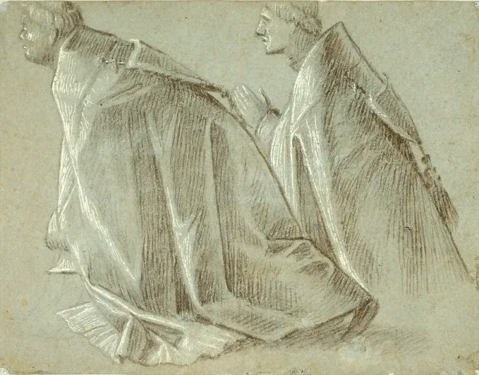 Framed Print : Study of Two Kneeling Clerics (recto); Study of Standing Youth (verso), 1507 / 08. Creator: Vittore Carpaccio Framed Print : Study of Two Kneeling Clerics (recto); Study of Standing Youth (verso), 1507 / 08. Creator: Vittore Carpaccio