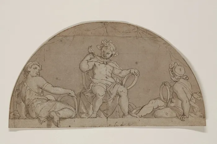 Framed Print : Study for a Lunette with Three Youths Holding Rings, between late 16th and early 17th century. Creator: Unknown Framed Print : Study for a Lunette with Three Youths Holding Rings, between late 16th and early 17th century. Creator: Unknown