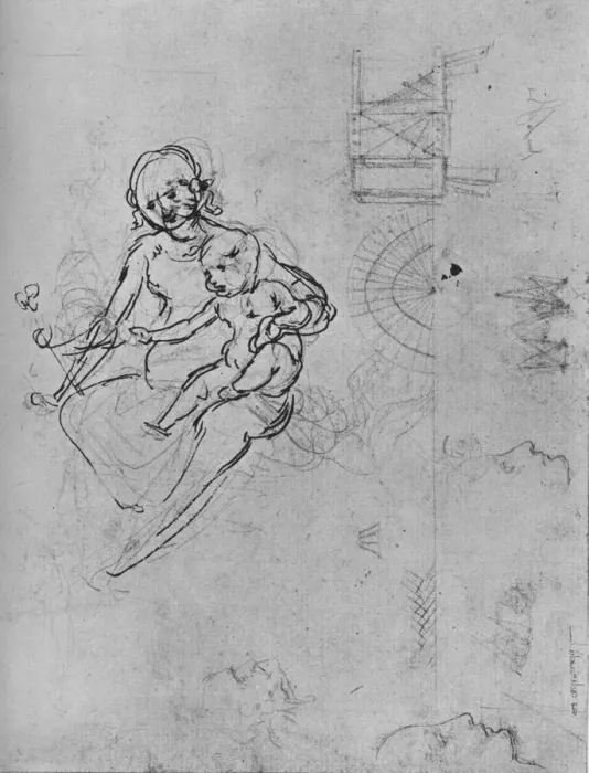 Framed Print : Study of a Madonna and Child, of Profiles and of Machinery, 1478-1480 (1945). Artist: Leonardo da Vinci Framed Print : Study of a Madonna and Child, of Profiles and of Machinery, 1478-1480 (1945). Artist: Leonardo da Vinci