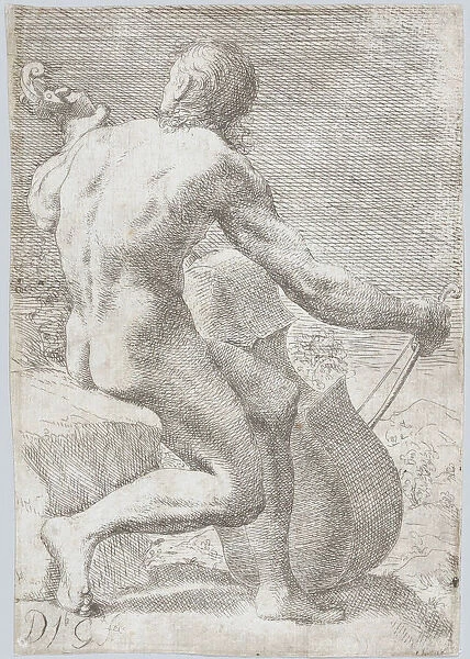 Study from behind of a naked man playing a cello, from the Principios para estudiar e... ca. 1693. Creator: JoséGarcía Hidalgo