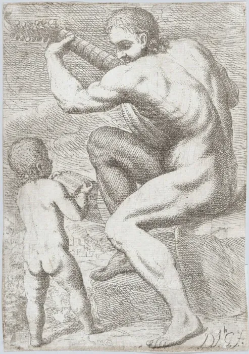 Framed Print : Study of a naked man playing a vihuela, a child holding a sheet of music at the left... ca. 1693. Creator: JoseGarcia Hidalgo Framed Print : Study of a naked man playing a vihuela, a child holding a sheet of music at the left... ca. 1693. Creator: JoseGarcia Hidalgo