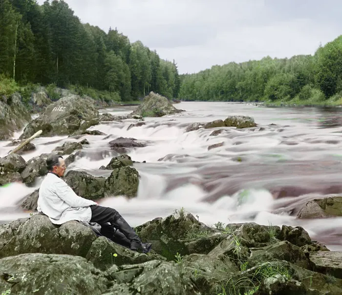 Framed Print : Study near the Kivach waterfall, Suna River, 1915. Creator: Sergey Mikhaylovich Prokudin-Gorsky Framed Print : Study near the Kivach waterfall, Suna River, 1915. Creator: Sergey Mikhaylovich Prokudin-Gorsky