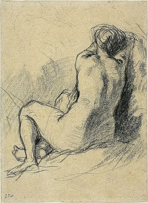 Framed Print : Study: Nude Woman Seen from the Back (recto) Sketches of Peasants Working (verso), c. 1846. Creator: Jean Francois Millet Framed Print : Study: Nude Woman Seen from the Back (recto) Sketches of Peasants Working (verso), c. 1846. Creator: Jean Francois Millet