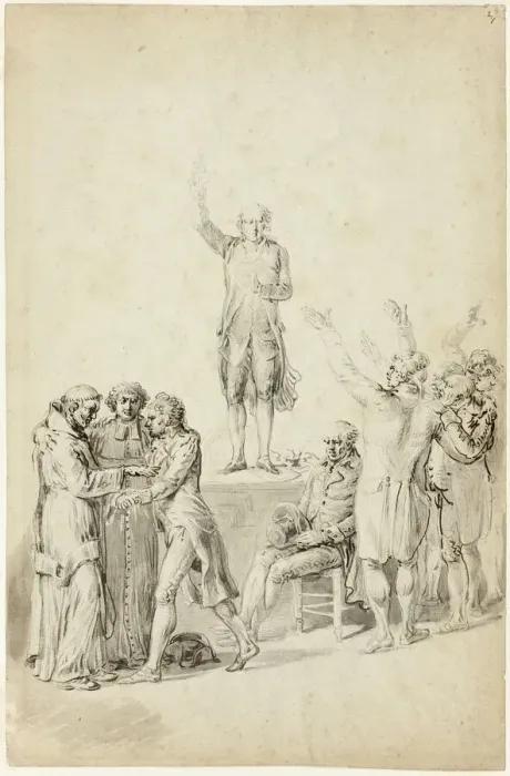 Framed Print : Study for The Oath of the Tennis Court: Bailly Standing on the Desk, Asking for a Vote, c. 1791. Creator: Jean Pierre Norblin Framed Print : Study for The Oath of the Tennis Court: Bailly Standing on the Desk, Asking for a Vote, c. 1791. Creator: Jean Pierre Norblin