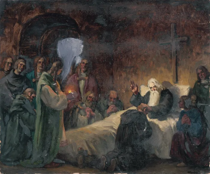 Framed Print : Study for the Picture Svatopluk Says Farewell to His Sons, around 1940. Creator: Andrej Kovacik